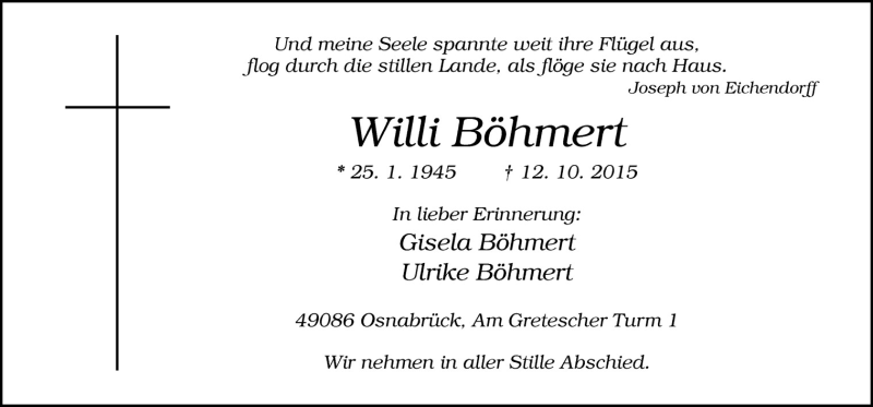  Traueranzeige für Willi Böhmert vom 17.10.2015 aus Neue Osnabrücker Zeitung GmbH & Co. KG