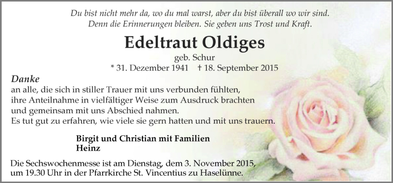  Traueranzeige für Edeltraut Oldiges vom 30.10.2015 aus Neue Osnabrücker Zeitung GmbH & Co. KG