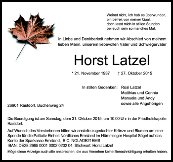 Traueranzeige von Horst Latzel von Neue Osnabrücker Zeitung GmbH & Co. KG
