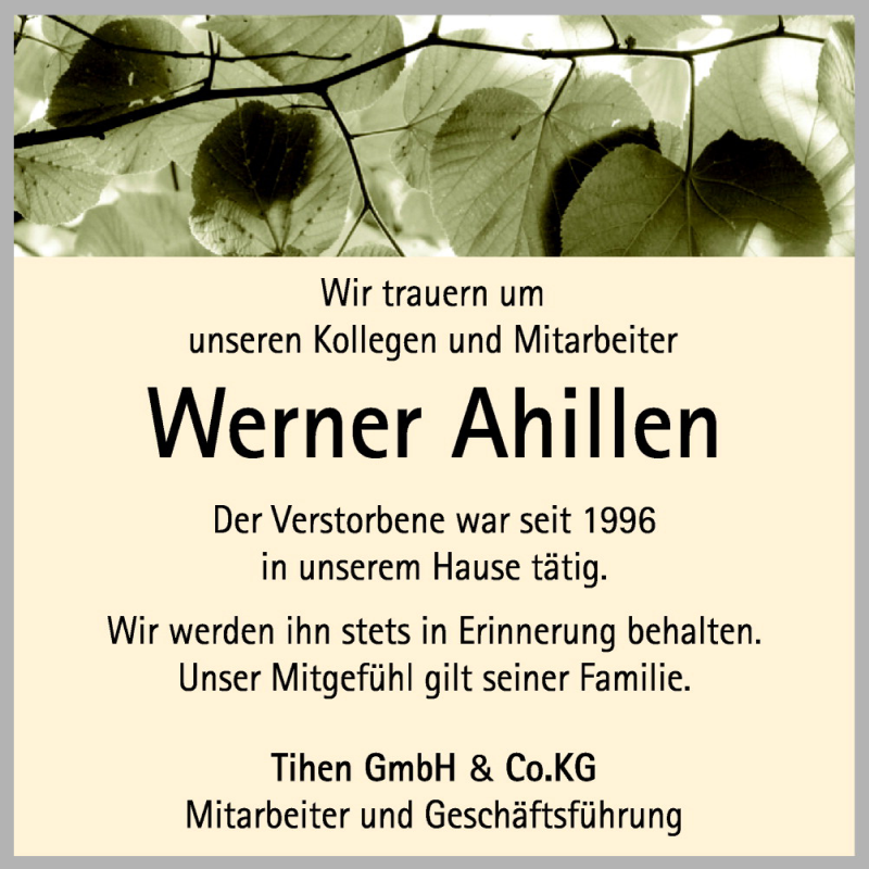  Traueranzeige für Werner Ahillen vom 23.10.2015 aus Neue Osnabrücker Zeitung GmbH & Co. KG
