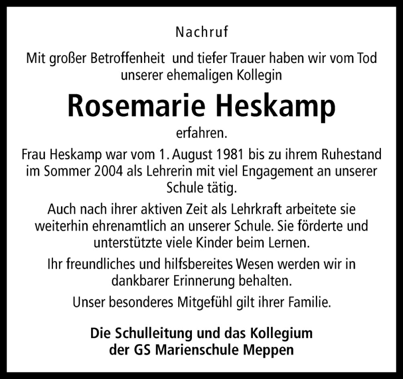  Traueranzeige für Rosemarie Heskamp vom 05.10.2015 aus Neue Osnabrücker Zeitung GmbH & Co. KG