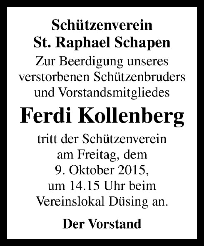  Traueranzeige für Ferdi Kollenberg vom 08.10.2015 aus Neue Osnabrücker Zeitung GmbH & Co. KG