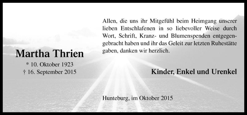  Traueranzeige für Martha Thrien vom 31.10.2015 aus Neue Osnabrücker Zeitung GmbH & Co. KG