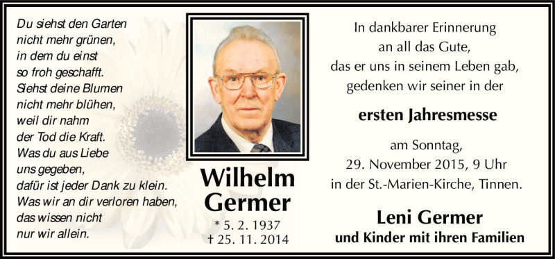  Traueranzeige für Wilhelm Germer vom 25.11.2015 aus Neue Osnabrücker Zeitung GmbH & Co. KG
