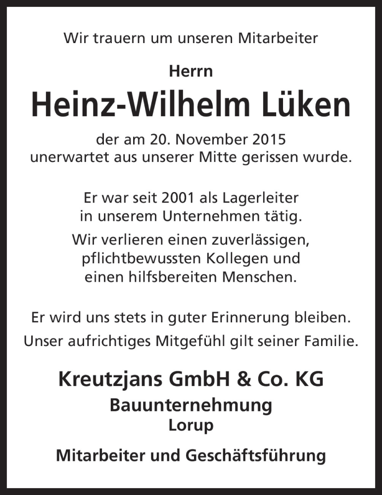  Traueranzeige für Heinz-Wilhelm Lüken vom 24.11.2015 aus Neue Osnabrücker Zeitung GmbH & Co. KG