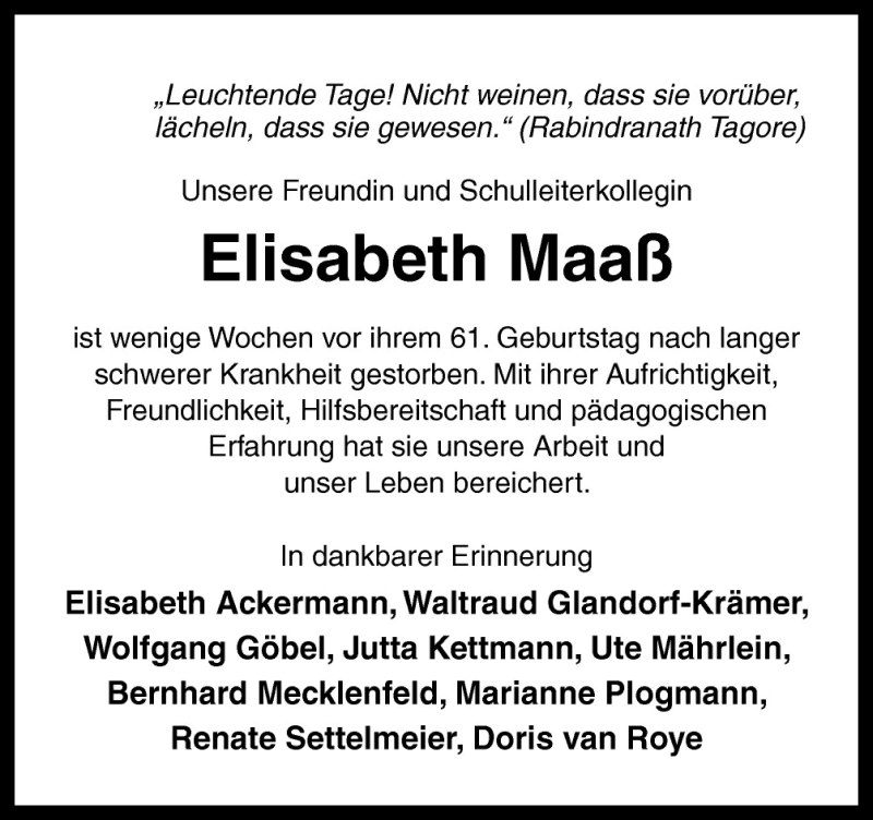  Traueranzeige für Elisabeth Maaß vom 07.11.2015 aus Neue Osnabrücker Zeitung GmbH & Co. KG