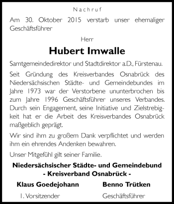 Traueranzeige von HUbert Imwalle von Neue Osnabrücker Zeitung GmbH & Co. KG