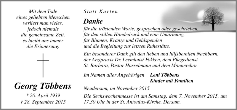  Traueranzeige für Georg Többens vom 04.11.2015 aus Neue Osnabrücker Zeitung GmbH & Co. KG