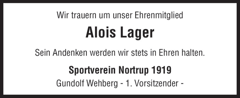  Traueranzeige für Alois Lager vom 26.11.2015 aus Neue Osnabrücker Zeitung GmbH & Co. KG