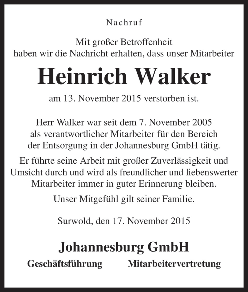  Traueranzeige für Heinrich Walker vom 20.11.2015 aus Neue Osnabrücker Zeitung GmbH & Co. KG