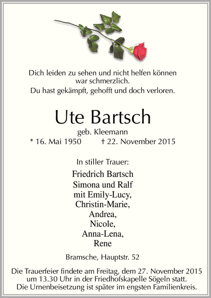  Traueranzeige für Ute Bartsch vom 24.11.2015 aus Neue Osnabrücker Zeitung GmbH & Co. KG