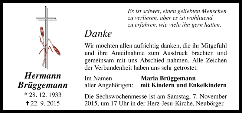  Traueranzeige für Hermann Brüggemann vom 04.11.2015 aus Neue Osnabrücker Zeitung GmbH & Co. KG