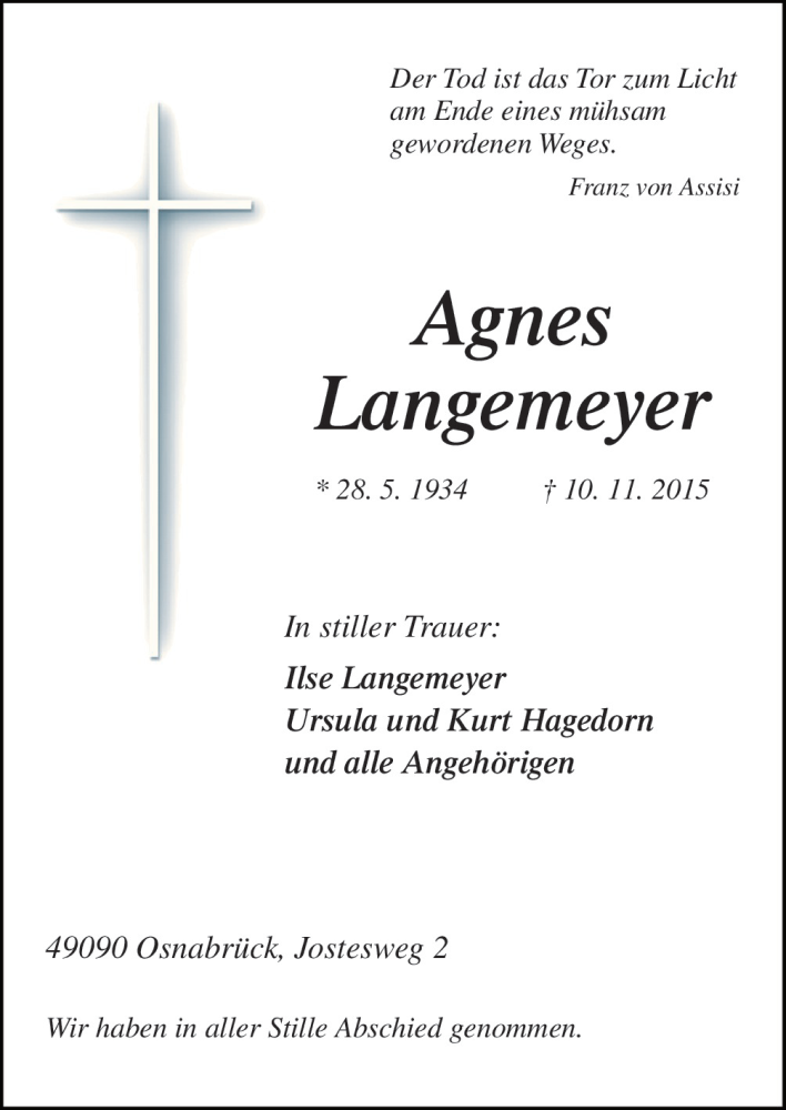  Traueranzeige für Agnes Langemeyer vom 21.11.2015 aus Neue Osnabrücker Zeitung GmbH & Co. KG