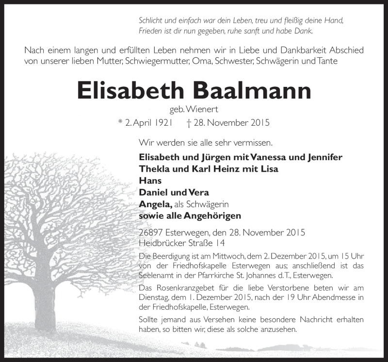  Traueranzeige für Elisabeth Baalmann vom 30.11.2015 aus Neue Osnabrücker Zeitung GmbH & Co. KG