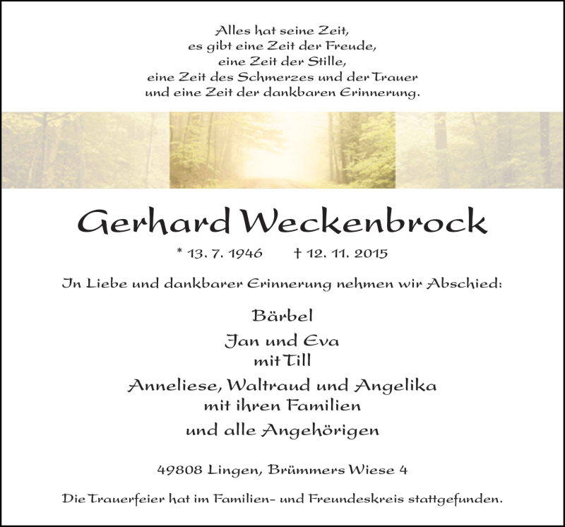  Traueranzeige für Gerhard Weckenbrock vom 20.11.2015 aus Neue Osnabrücker Zeitung GmbH & Co. KG