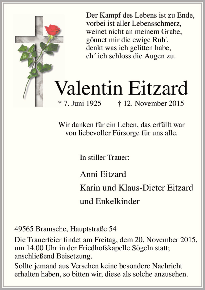  Traueranzeige für Valentin Eitzard vom 17.11.2015 aus Neue Osnabrücker Zeitung GmbH & Co. KG