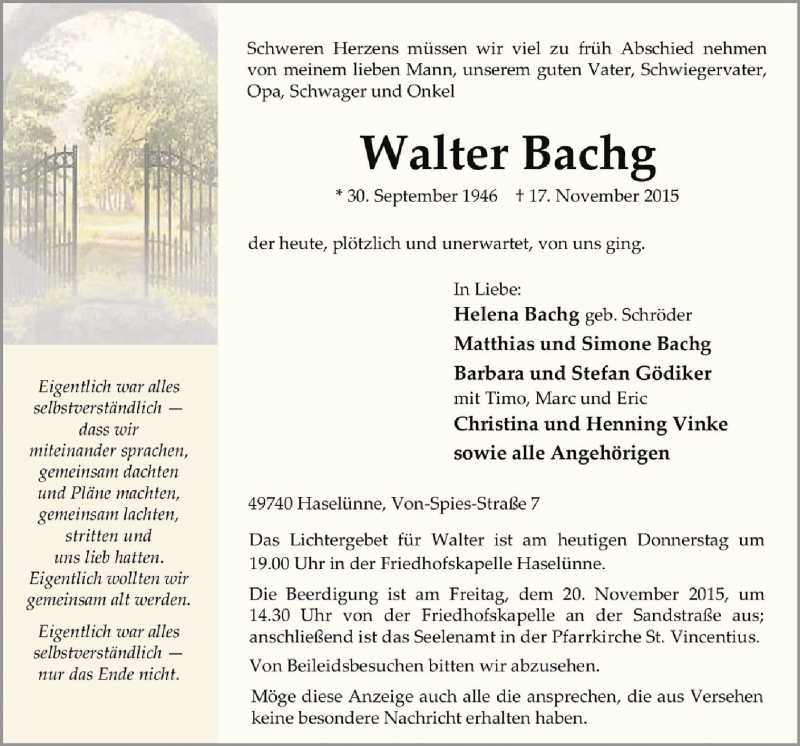  Traueranzeige für Walter Bachg vom 19.11.2015 aus Neue Osnabrücker Zeitung GmbH & Co. KG