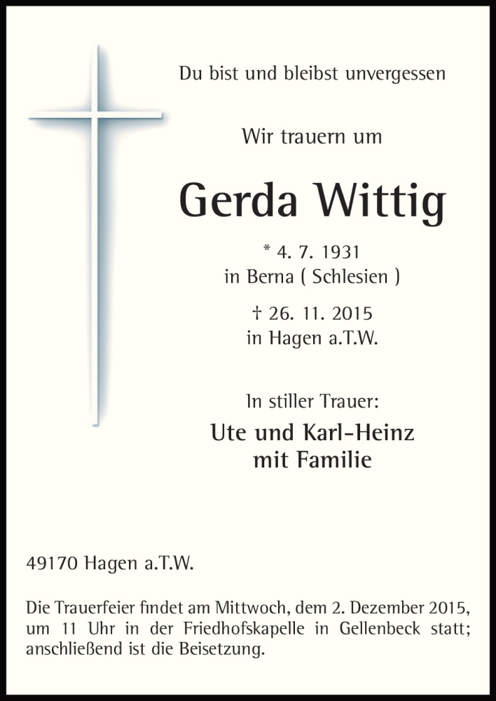  Traueranzeige für Gerda Wittig vom 30.11.2015 aus Neue Osnabrücker Zeitung GmbH & Co. KG