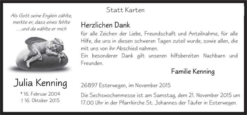  Traueranzeige für Julia Kenning vom 18.11.2015 aus Neue Osnabrücker Zeitung GmbH & Co. KG