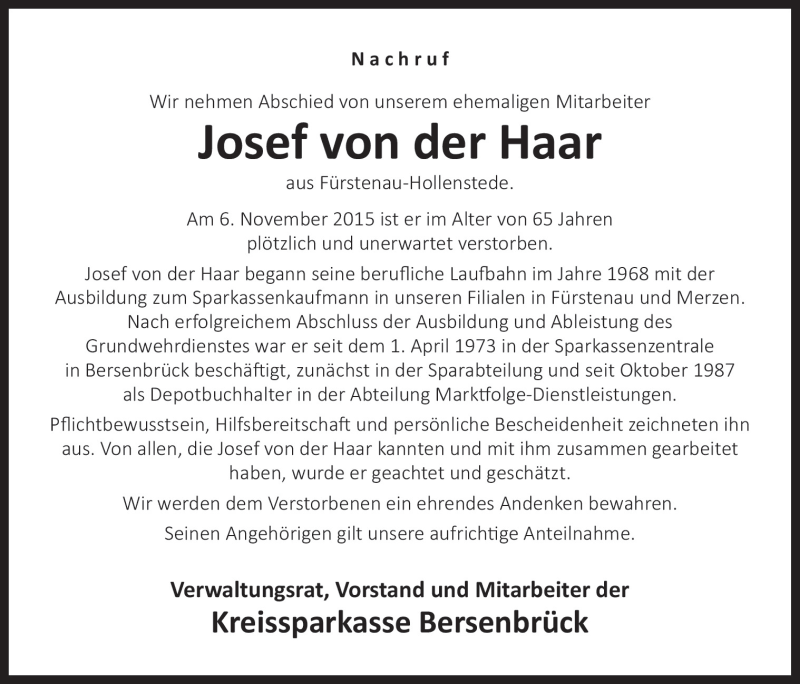  Traueranzeige für Josef van der Haar vom 12.11.2015 aus Neue Osnabrücker Zeitung GmbH & Co. KG