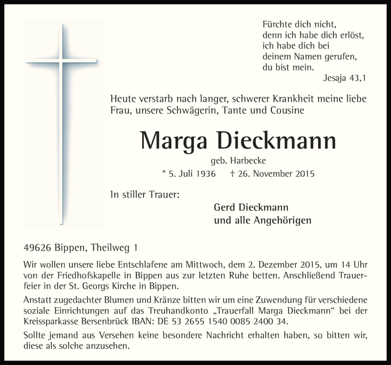  Traueranzeige für Marga Dieckmann vom 30.11.2015 aus Neue Osnabrücker Zeitung GmbH & Co. KG