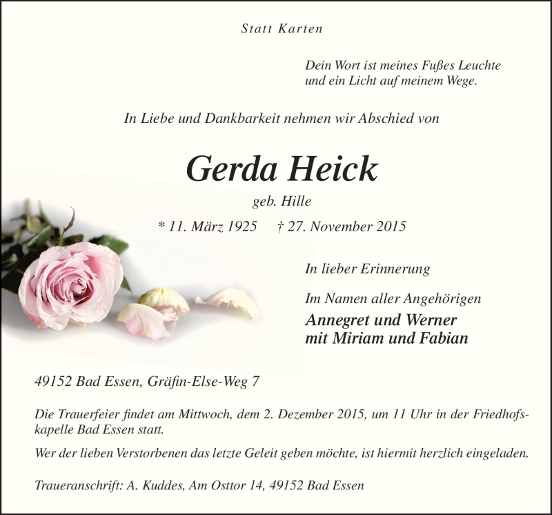 Traueranzeige für Gerda Heick vom 28.11.2015 aus Neue Osnabrücker Zeitung GmbH & Co. KG