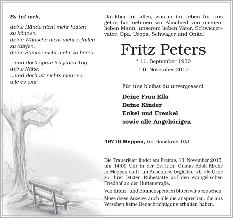  Traueranzeige für Fritz Peters vom 11.11.2015 aus Neue Osnabrücker Zeitung GmbH & Co. KG