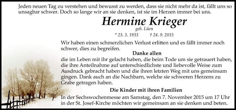  Traueranzeige für Hermine Krieger vom 04.11.2015 aus Neue Osnabrücker Zeitung GmbH & Co. KG