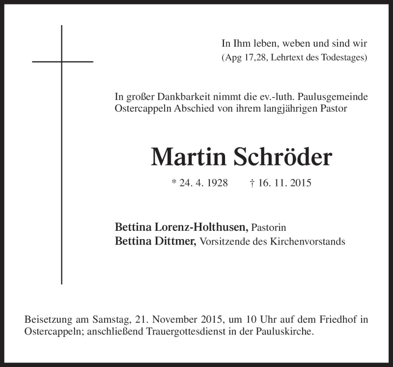  Traueranzeige für Martin Schröder vom 19.11.2015 aus Neue Osnabrücker Zeitung GmbH & Co. KG