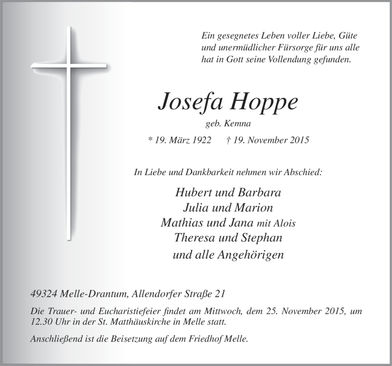  Traueranzeige für Josefa Hoppe vom 21.11.2015 aus Neue Osnabrücker Zeitung GmbH & Co. KG