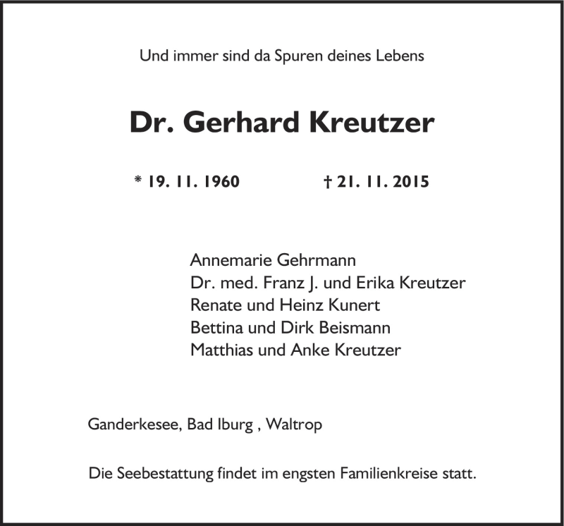  Traueranzeige für Gerhard Kreutzer vom 28.11.2015 aus Neue Osnabrücker Zeitung GmbH & Co. KG