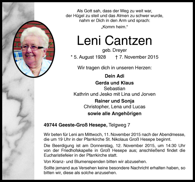  Traueranzeige für Leni Cantzen vom 09.11.2015 aus Neue Osnabrücker Zeitung GmbH & Co. KG