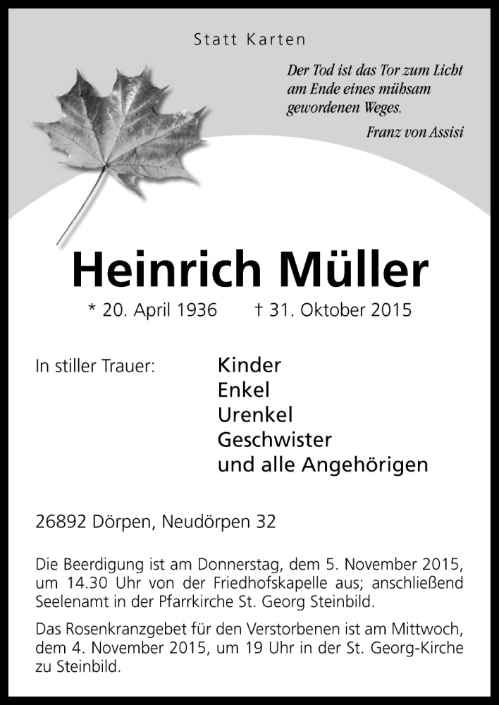  Traueranzeige für Heinrich Müller vom 03.11.2015 aus Neue Osnabrücker Zeitung GmbH & Co. KG