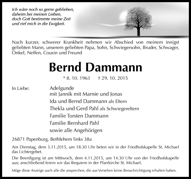  Traueranzeige für Bernd Dammann vom 02.11.2015 aus Neue Osnabrücker Zeitung GmbH & Co. KG