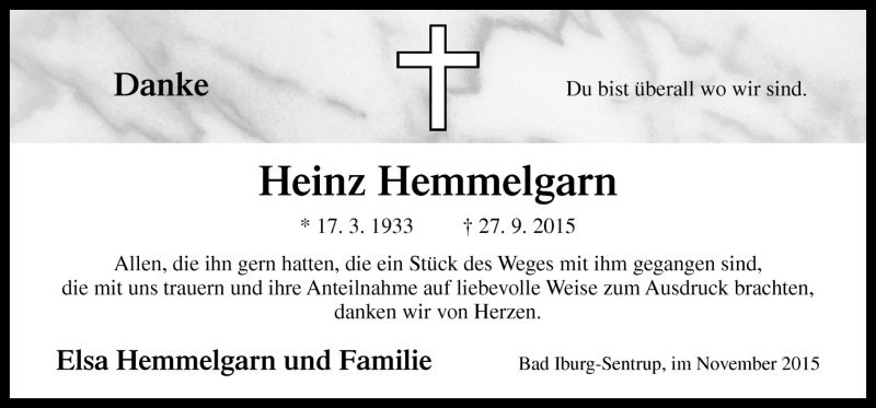  Traueranzeige für Heinz Hemmelgarn vom 07.11.2015 aus Neue Osnabrücker Zeitung GmbH & Co. KG