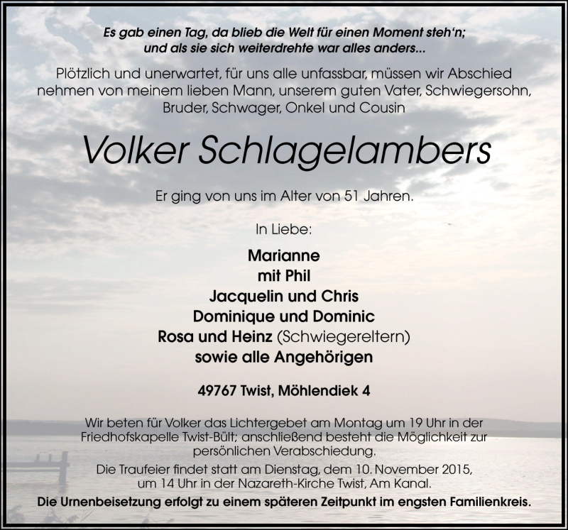  Traueranzeige für Volker Schlagelambers vom 09.11.2015 aus Neue Osnabrücker Zeitung GmbH & Co. KG