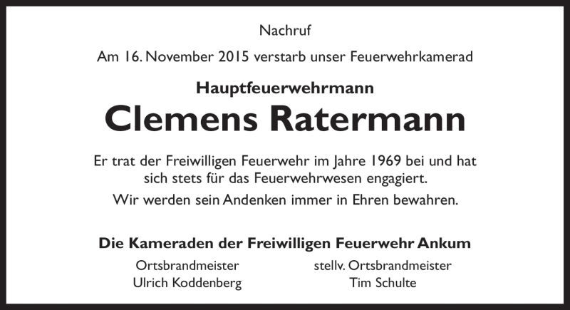  Traueranzeige für Clemens Ratermann vom 28.11.2015 aus Neue Osnabrücker Zeitung GmbH & Co. KG