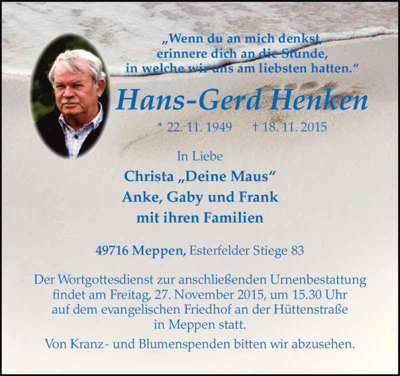  Traueranzeige für Hans-Gerd Henken vom 21.11.2015 aus Neue Osnabrücker Zeitung GmbH & Co. KG