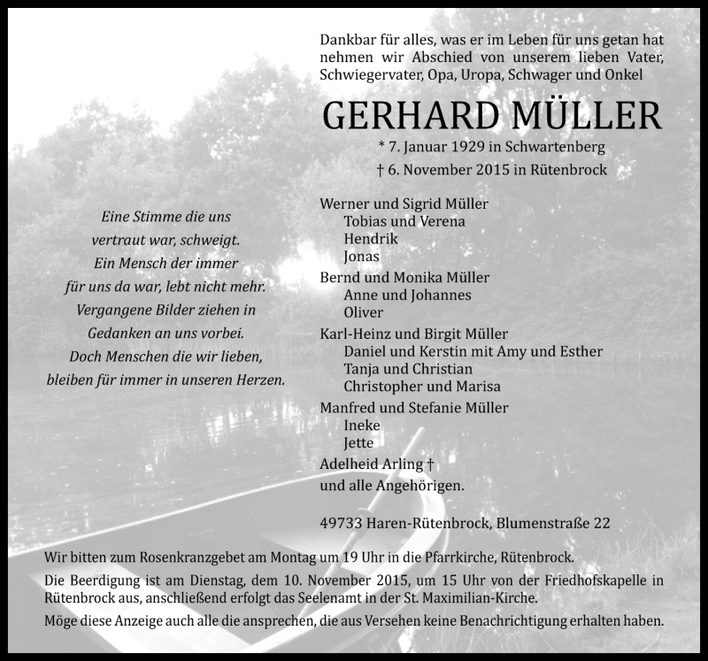  Traueranzeige für Gerhard Müller vom 07.11.2015 aus Neue Osnabrücker Zeitung GmbH & Co. KG