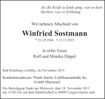 Traueranzeige von Winfried Sostmann von Neue Osnabrücker Zeitung GmbH & Co. KG