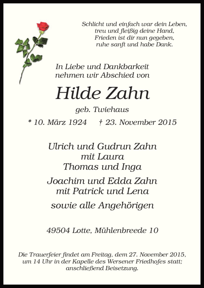  Traueranzeige für Hilde Zahn vom 25.11.2015 aus Neue Osnabrücker Zeitung GmbH & Co. KG
