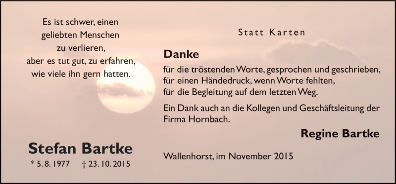  Traueranzeige für Stefan Bartke vom 28.11.2015 aus Neue Osnabrücker Zeitung GmbH & Co. KG