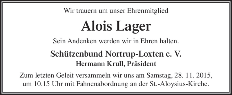  Traueranzeige für Alois Lager vom 26.11.2015 aus Neue Osnabrücker Zeitung GmbH & Co. KG