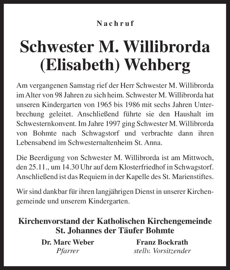 Traueranzeige für M. Willibrorda Wehberg vom 25.11.2015 aus Neue Osnabrücker Zeitung GmbH & Co. KG
