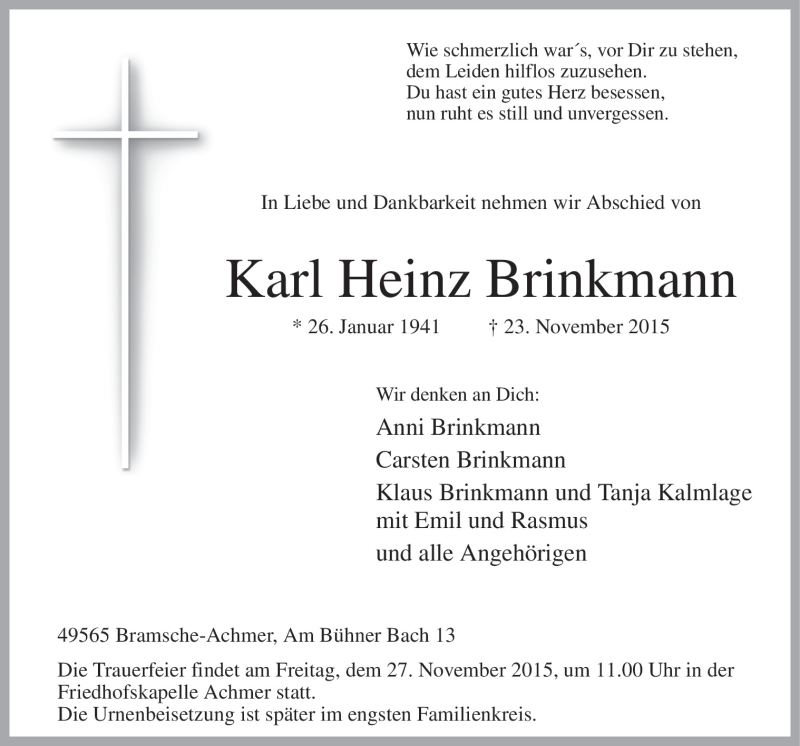  Traueranzeige für Karl Heinz Brinkmann vom 25.11.2015 aus Neue Osnabrücker Zeitung GmbH & Co. KG