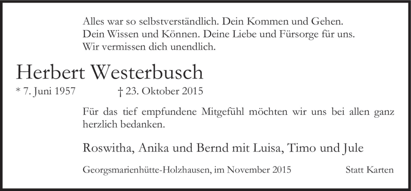  Traueranzeige für Herbert Westerbusch vom 21.11.2015 aus Neue Osnabrücker Zeitung GmbH & Co. KG