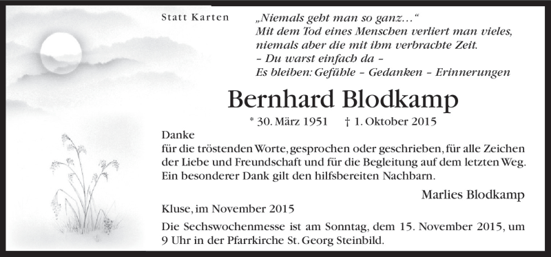  Traueranzeige für Bernhard Blodkamp vom 11.11.2015 aus Neue Osnabrücker Zeitung GmbH & Co. KG