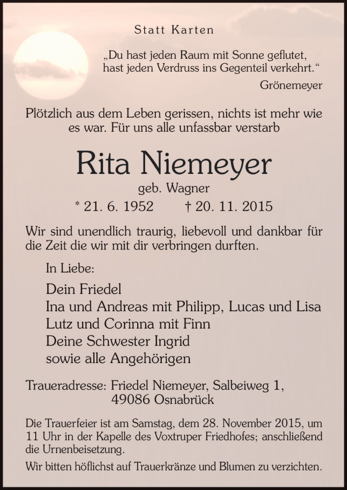  Traueranzeige für Rita Niemeyer vom 24.11.2015 aus Neue Osnabrücker Zeitung GmbH & Co. KG