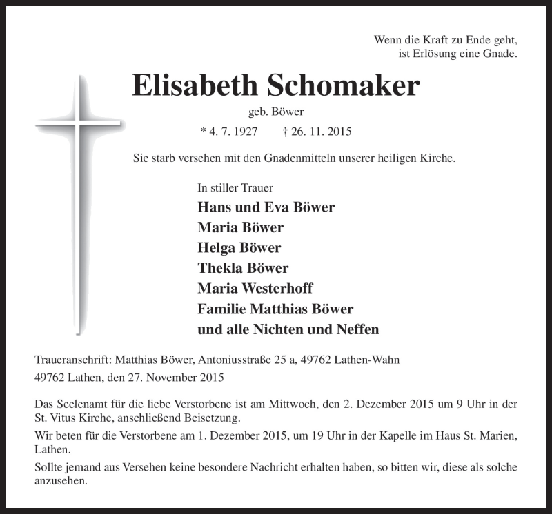  Traueranzeige für Elisabeth Schomaker vom 28.11.2015 aus Neue Osnabrücker Zeitung GmbH & Co. KG