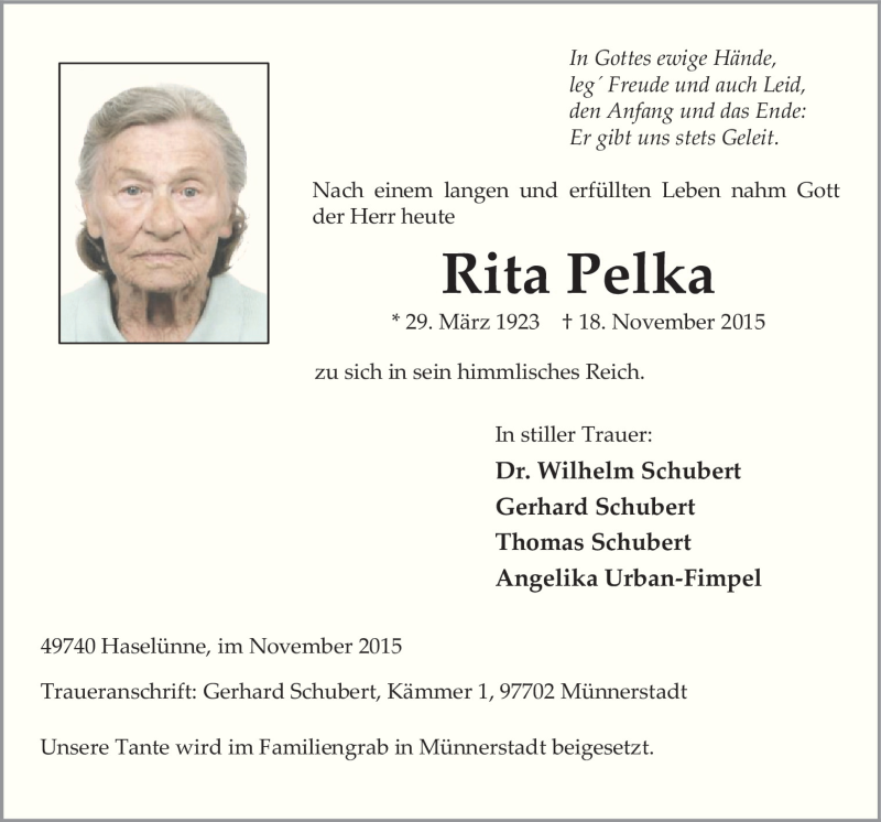  Traueranzeige für Rita Pelka vom 26.11.2015 aus Neue Osnabrücker Zeitung GmbH & Co. KG